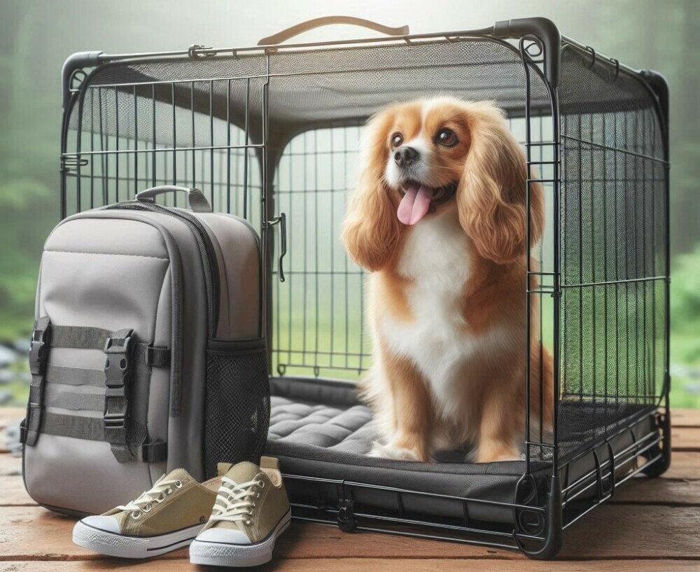 a dog in a portable crate ready to travel with her owners shoes and backpack out front