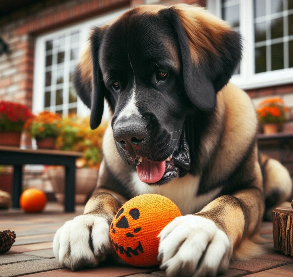 a giant dog playing with a toy