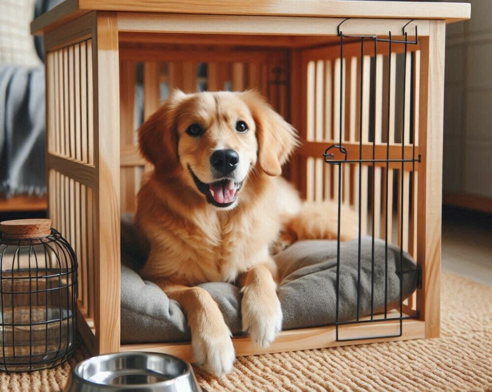 a happy golden retriever dog in a comfy crate