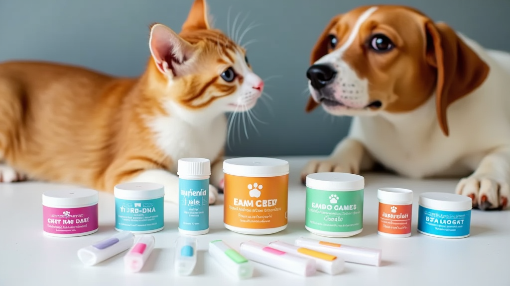 A colorful box of pet DNA test kits, sample vials, and cheek swabs on a clean surface next to a curious cat and dog.