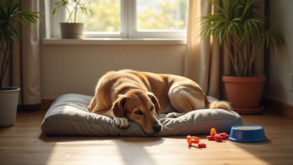 A large dog resting calmly on a dog bed in a cozy living room setting.