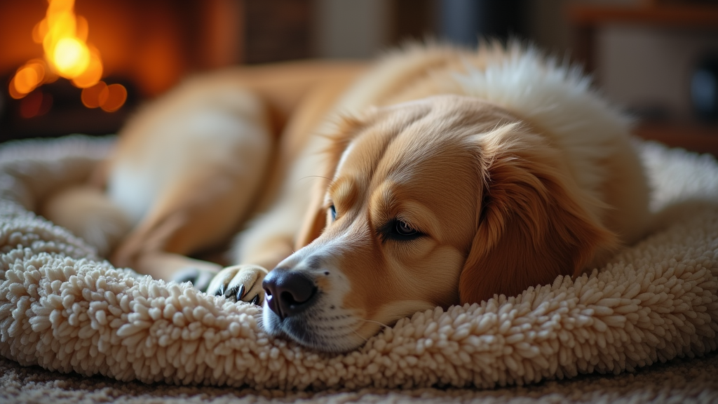 A large, fluffy dog resting comfortably on a heated bed in a cozy home setting