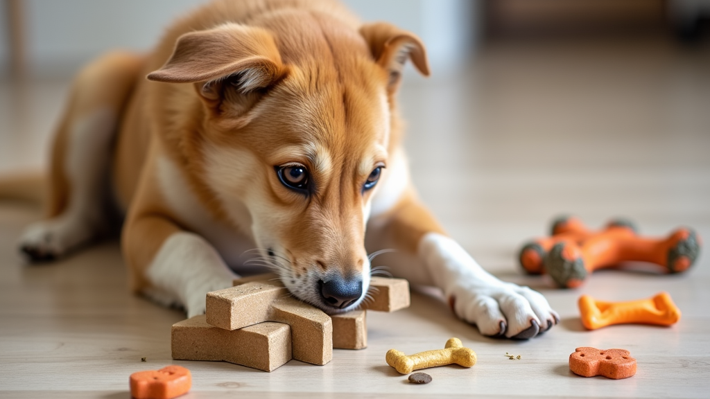A playful dog working on an interactive puzzle toy, surrounded by scattered dog toys and treats.