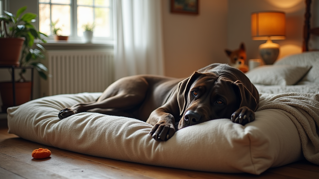 Large dog relaxing in a cozy bedroom setting, surrounded by soft lighting and plush bedding.