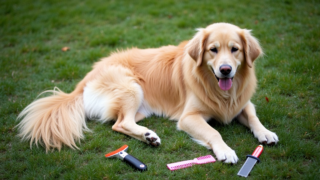 Large fluffy dog being brushed on grass