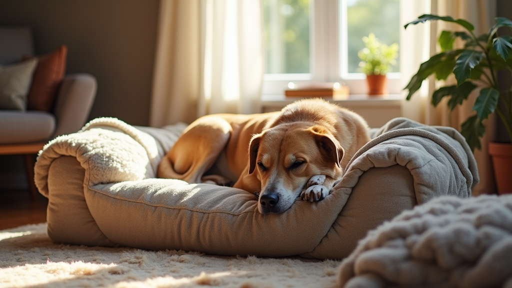 large senior dog resting on a plush orthopedic dog bed