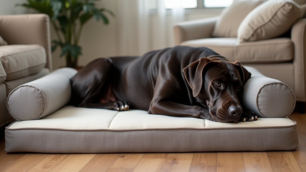 Large dog resting comfortably on a memory foam orthopedic bed