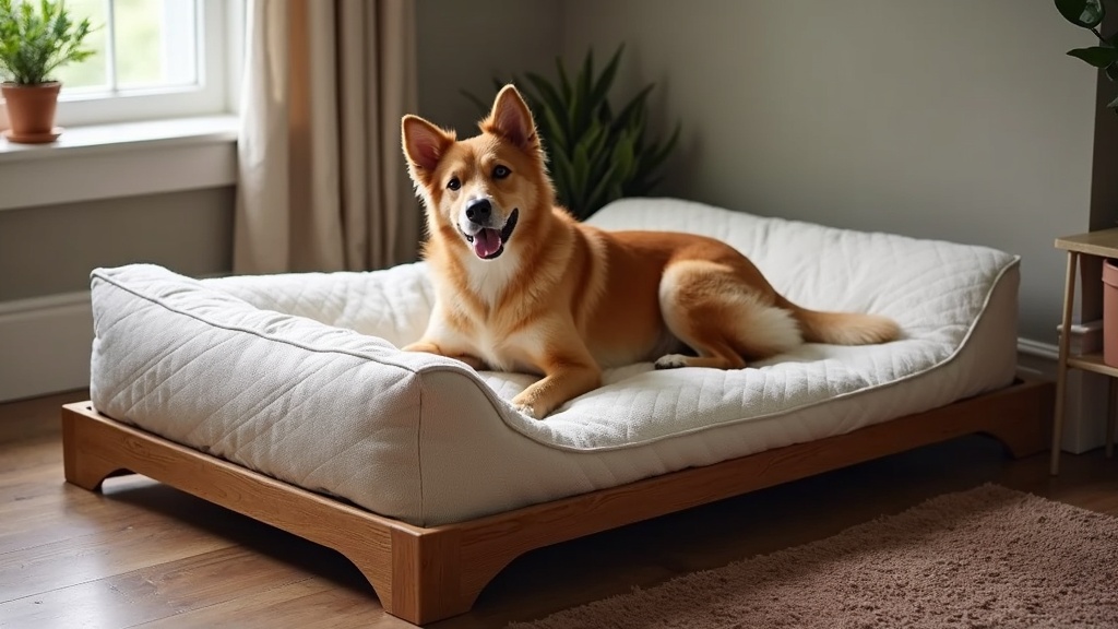 A luxury raised dog bed for a large dog, featuring plush bedding and sturdy elevated frame.