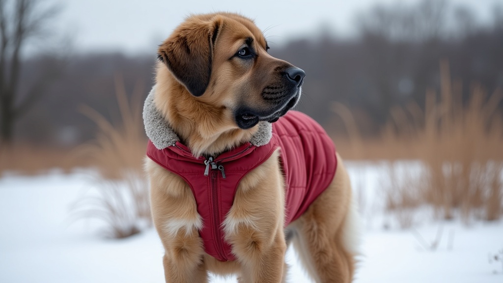 Large dog wearing a fitted winter coat