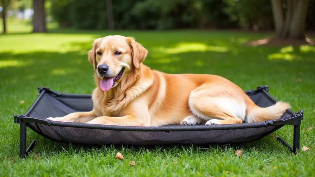 Large Golden Retriever laying comfortably on an elevated mesh dog bed outdoors