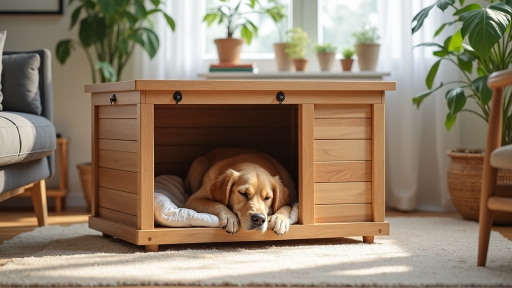 Modern designer wooden dog crate with a sleeping golden retriever inside, set in a bright and cozy living room with houseplants and wooden furniture.