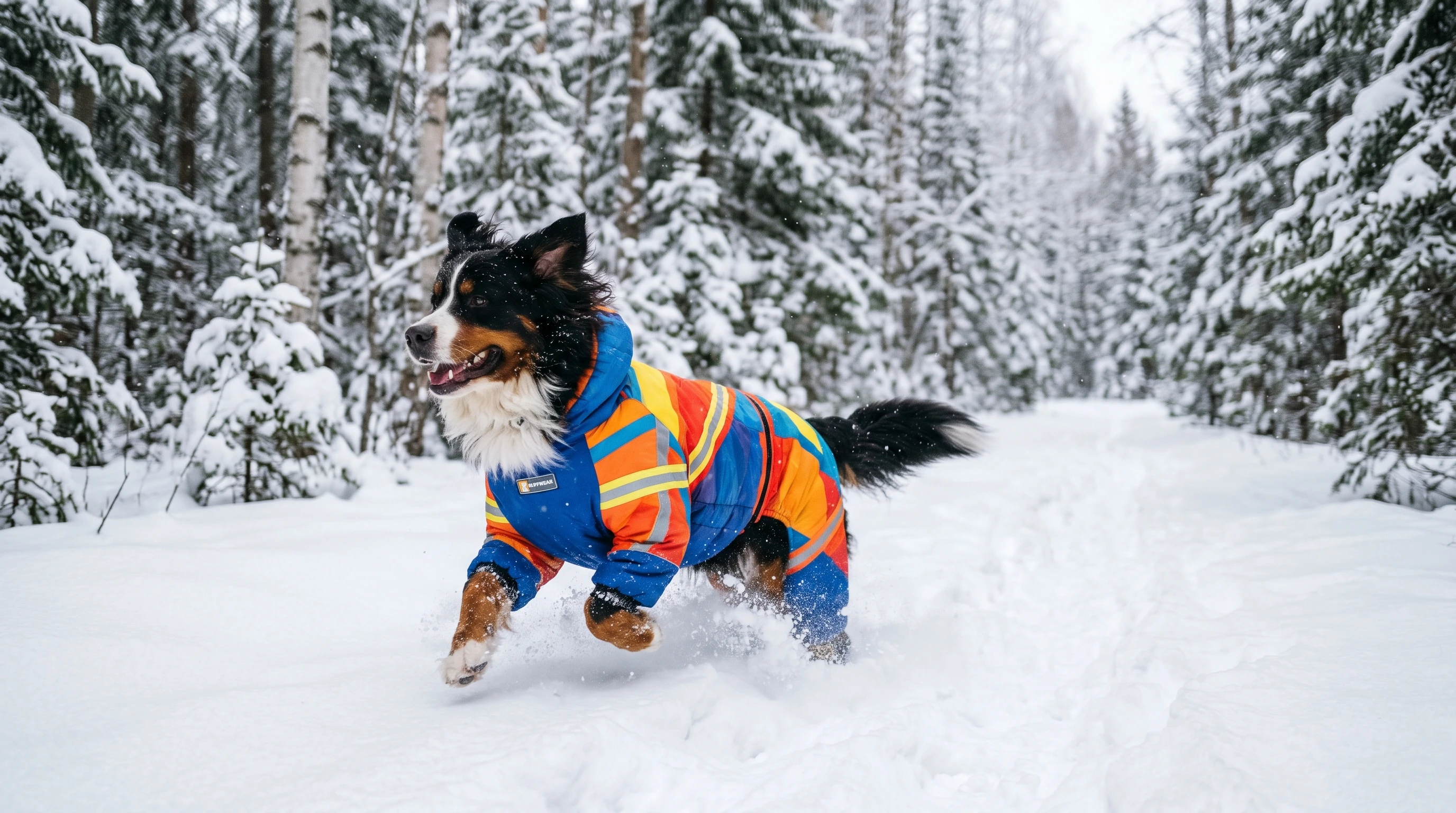 A large fluffy dog wearing a heavy winter dog snowsuit in the snow