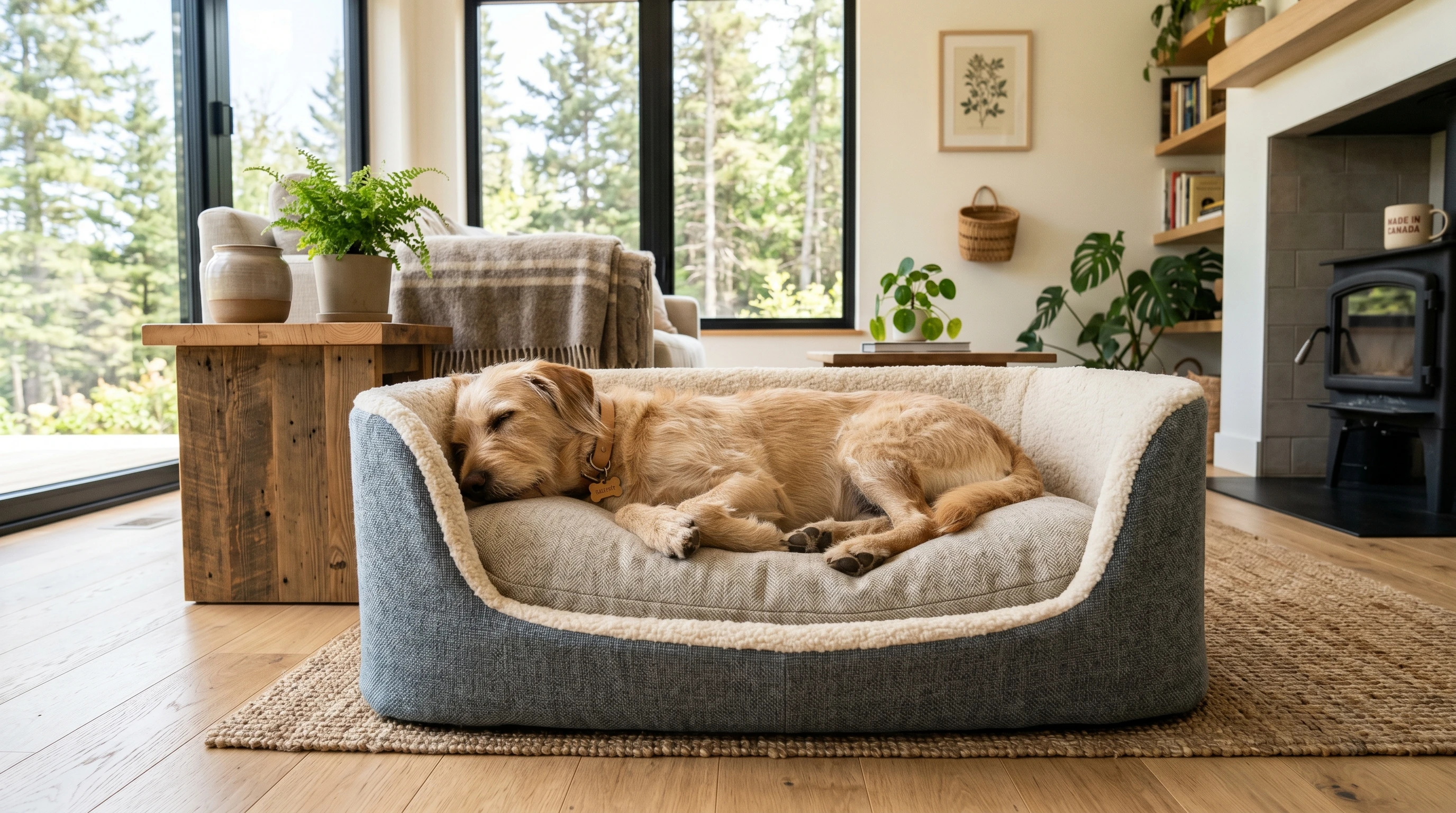 Eco-friendly dog bed in a bright living room with a relaxed dog resting