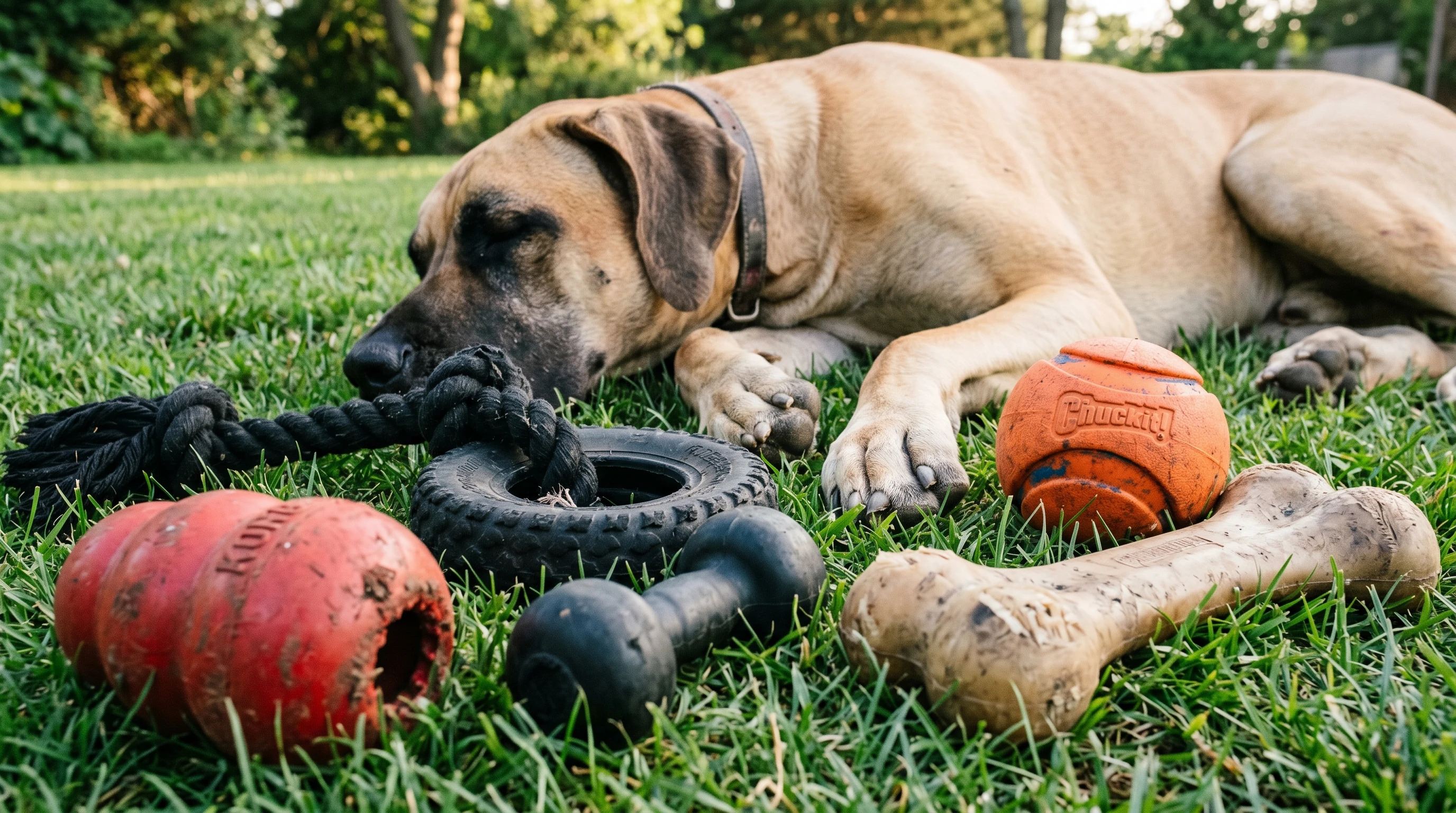 Giant breed dog lying next to a pile of large, durable toys