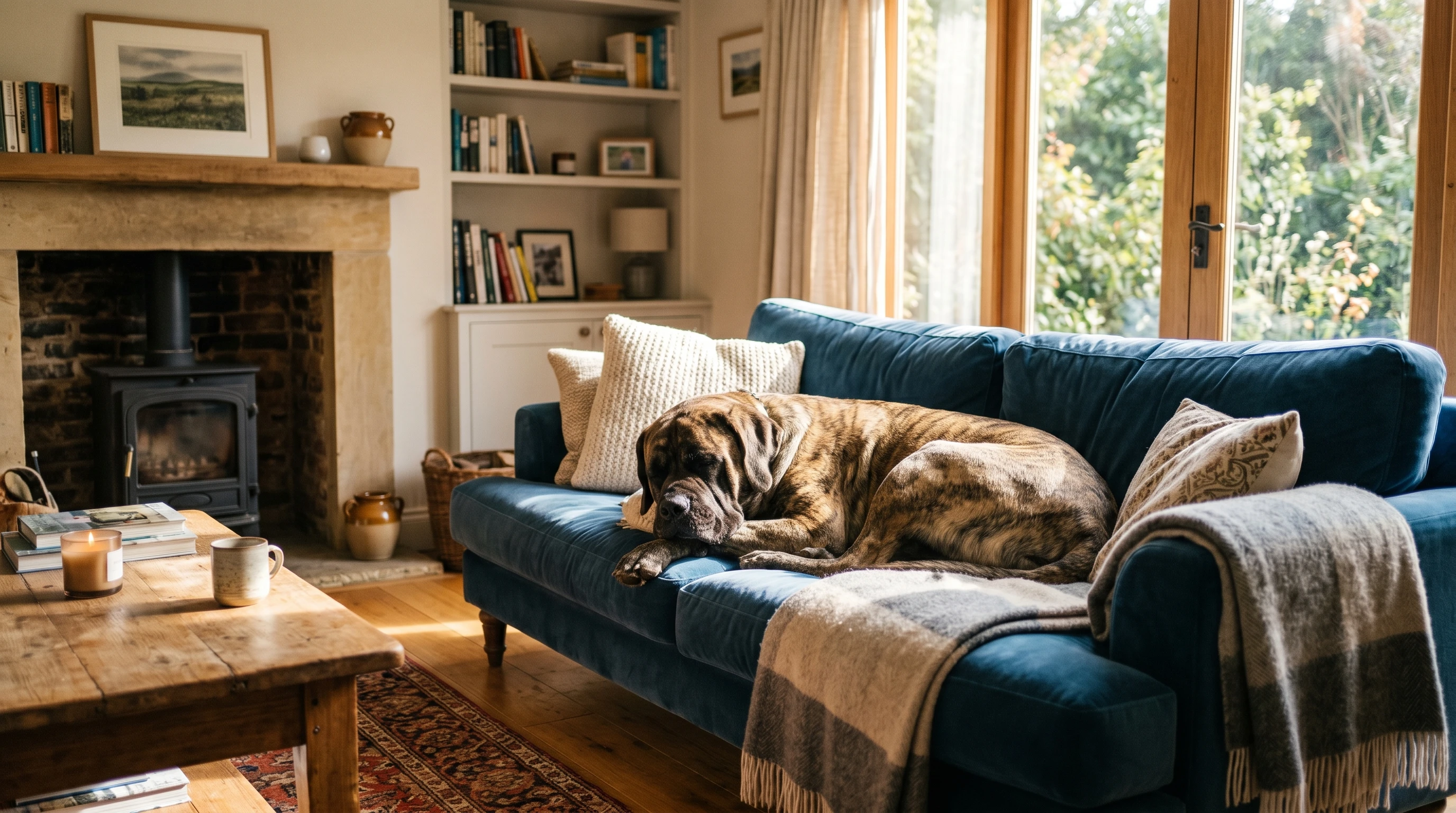 Large dog relaxing on a living room floor